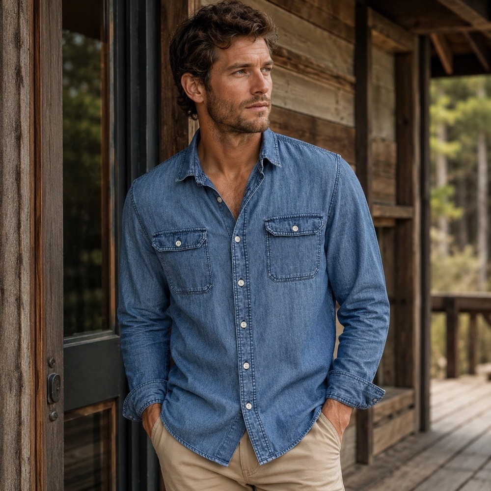 Outerknown Button Down Shirt Mens L Blue Organic Cotton Chambray Long Sleeve